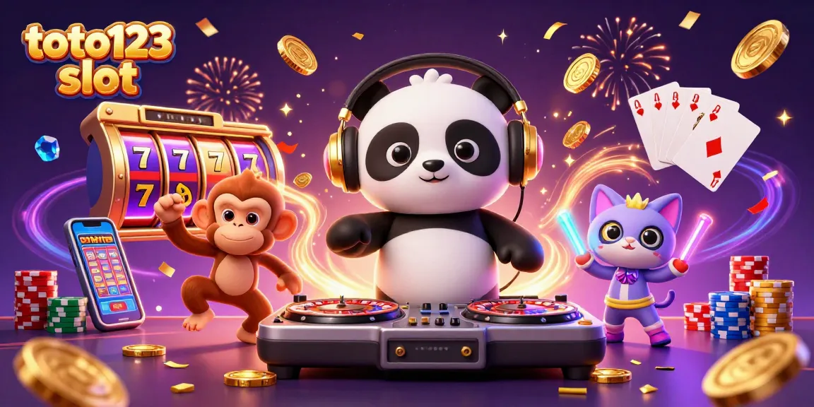 Spin to win with toto123 slot, illustrated by a DJ panda, dancing monkey, and rave kitten amidst jackpots.