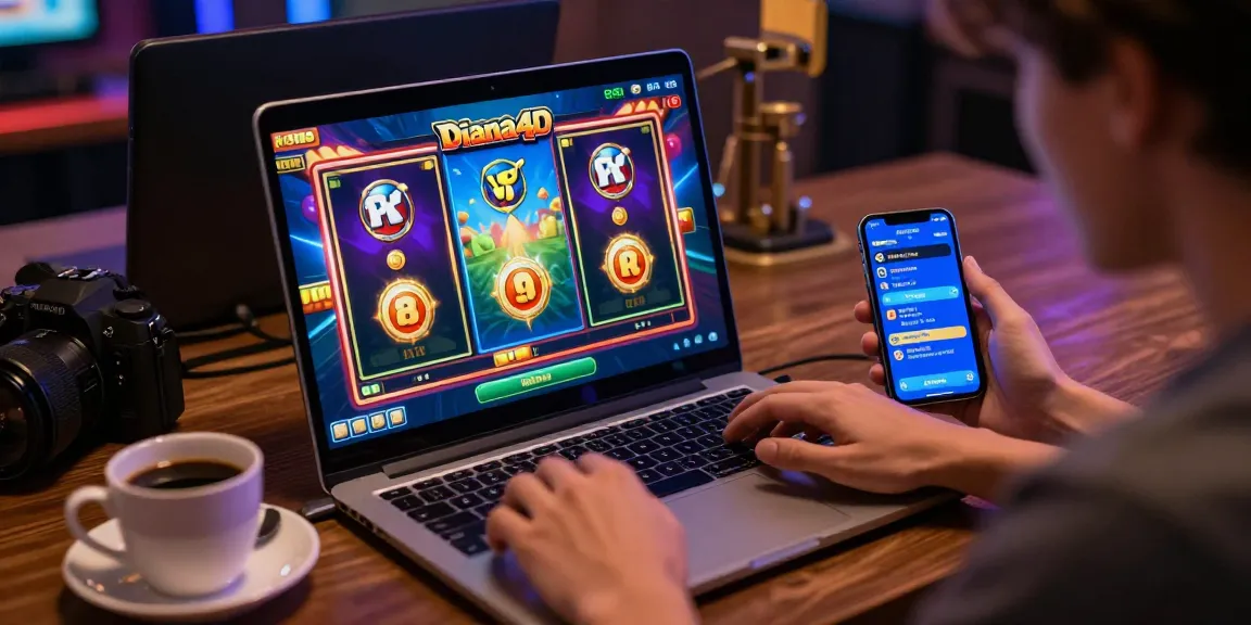 Pengguna diana4d bermain slot online di laptop dengan suasana penuh warna dan grafik menarik.
