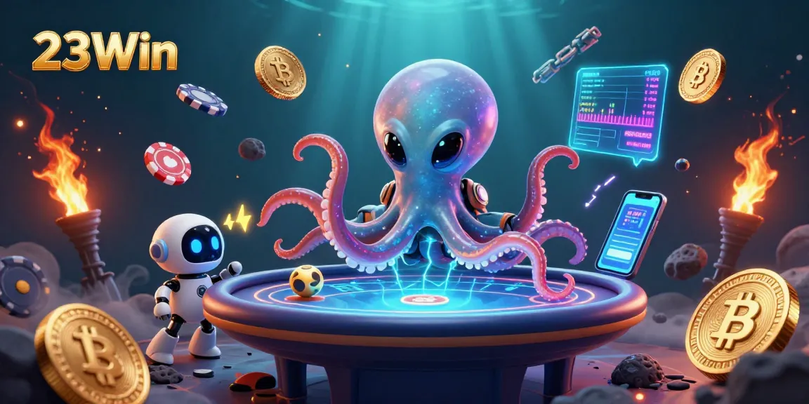 Experience thrilling poker with the adventurous 23Win alien octopus, amidst crypto coins in a vibrant digital casino.
