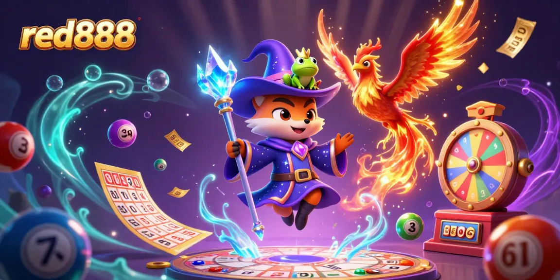 Play thrilling games at red888 with a wizard fox and phoenix amid vibrant casino elements.