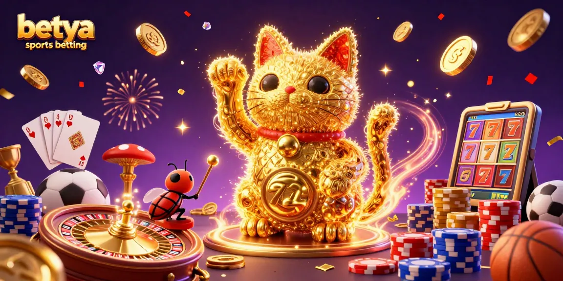 Experience the excitement of betya sports betting with a vibrant scene featuring a lucky cat, sports balls, and dynamic casino elements.