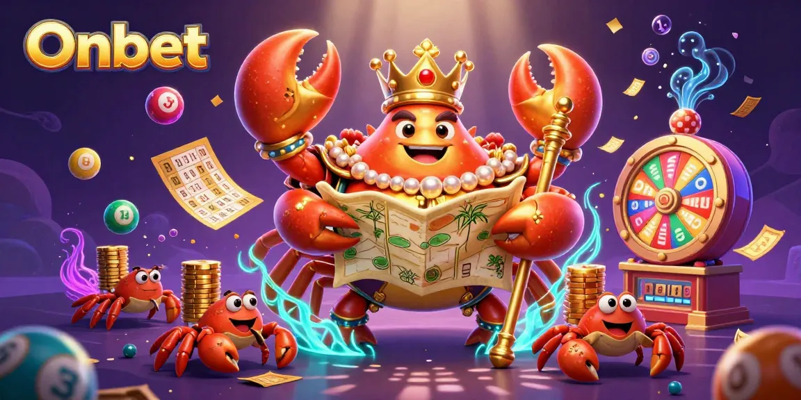 Experience exhilarating gaming at Onbet with a dazzling 3D casino scene featuring a golden crab emperor and vibrant game elements.