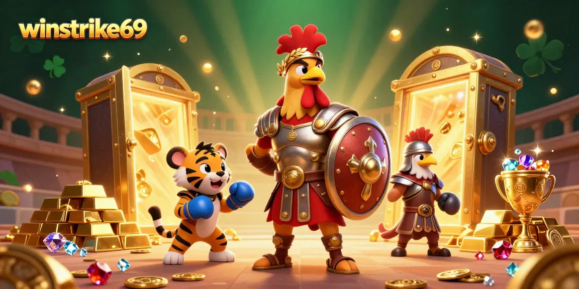 Winstrike69 showcases excitement with a gladiator rooster and tiger cub in a vibrant casino scene.