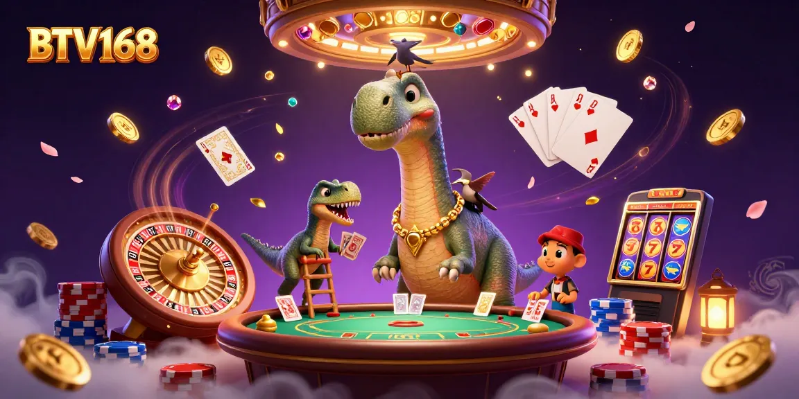 Experience exhilaration with BTV168 as the cartoon brontosaurus oversees a captivating casino scene filled with vibrant elements.