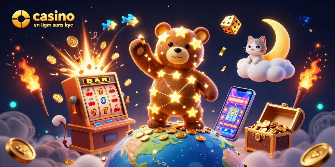 Gagnez à casino en ligne sans kyc avec cette illustration dynamique d'un ours constellation et une machine à sous.