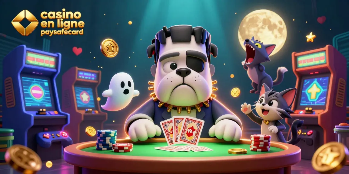 Des joueurs au casino en ligne paysafecard gagnent des jackpots en jouant des cartes auprès d'un bulldog soutenu par des machines rétro.