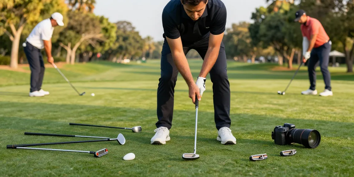 Praktik pemain golf di lapangan dengan putter dari https://puttperfection.com/putter-reviews, fokus pada teknik dan alat yang digunakan.