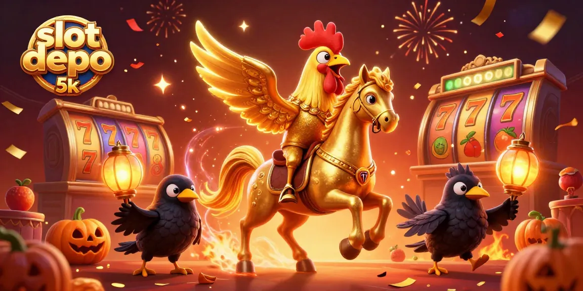 Experience winning at slot depo 5k with a golden rooster and vibrant slot reels in a theatrical casino.