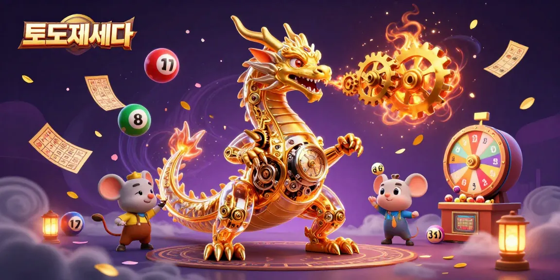 Engage with the vibrant 토토사이트 scene featuring a mechanical dragon, lottery elements, and a magical atmosphere.