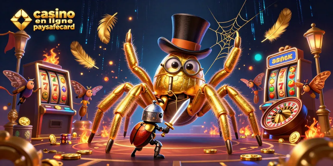 Vision captivante de casino en ligne paysafecard avec une tarentule dorée et un chevalier, entourés de symboles de jeux.