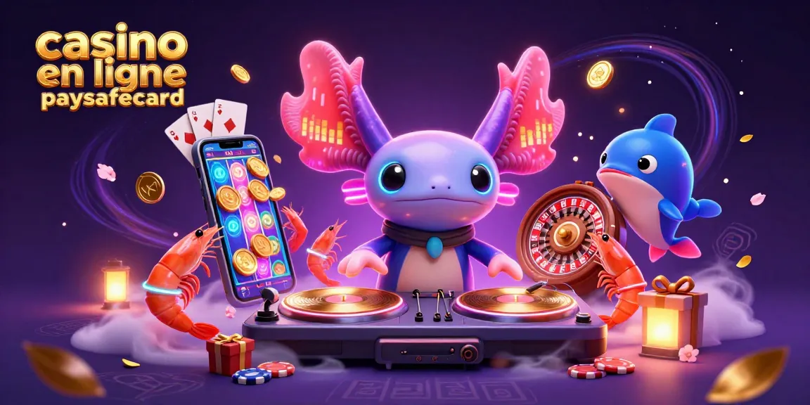Plongez dans l'univers du casino en ligne paysafecard avec un DJ axolotl et ses acolytes animés.