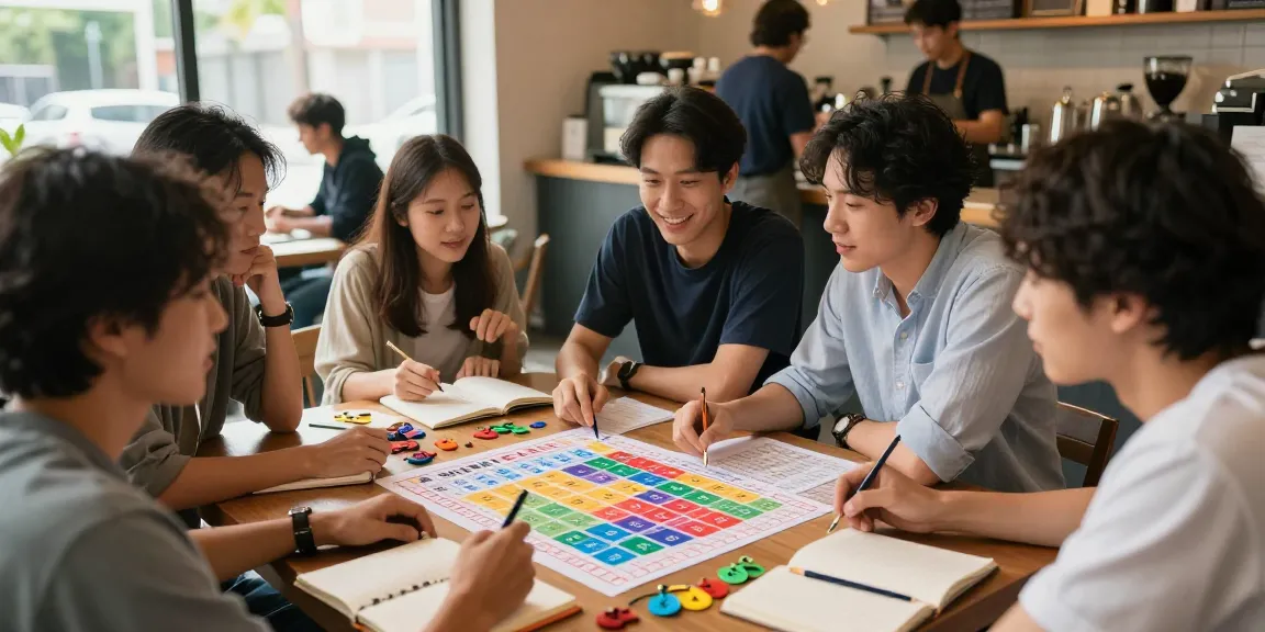 Diskusi strategi nomor rejeki di kafe dengan suasana ceria dan angka beruntun di meja