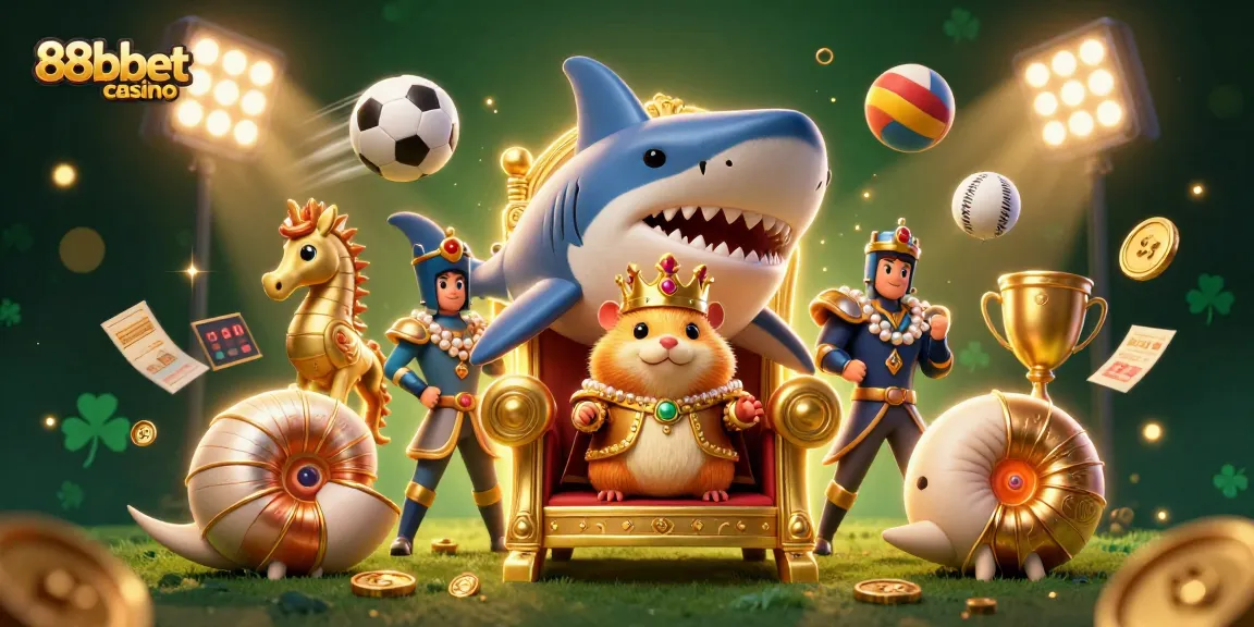 Experience the thrilling excitement of 88bbet casino with a golden hamster king ruling over sports betting elements and casino grandeur.