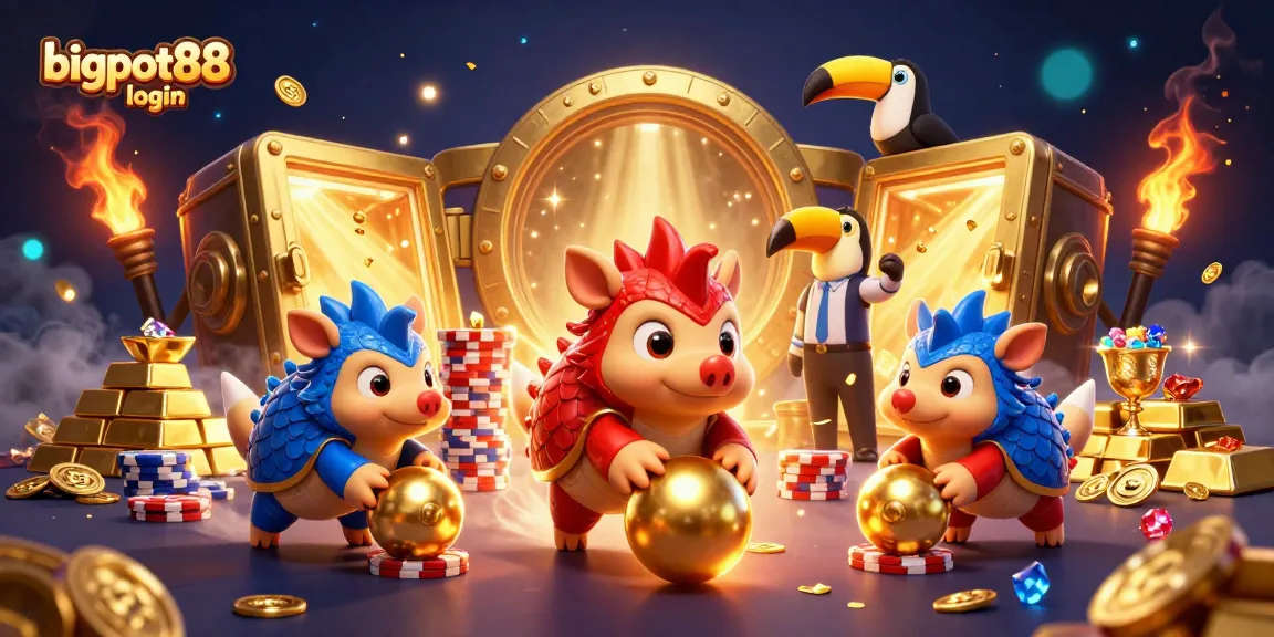 Experience bigpot88 login action with rival pangolins rolling into golden balls and poker chips in a vibrant casino scene.