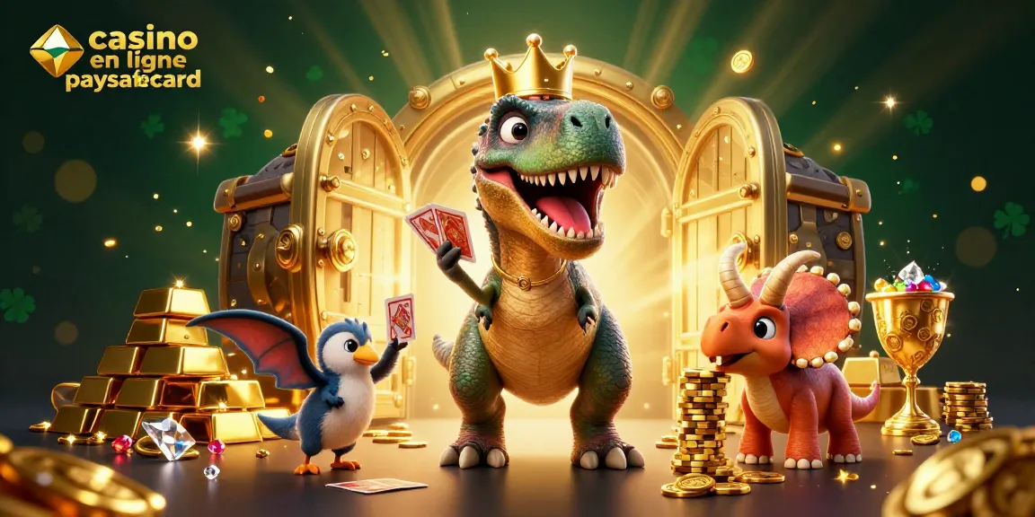 Prenez part à l'action avec le casino en ligne paysafecard, T-Rex et amis jouant aux cartes et empilant des jetons d'or.