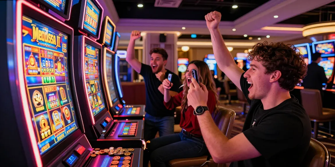 Celebrating a big win on Medusa II slot machine in a vibrant casino atmosphere.