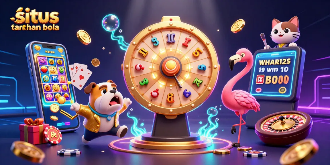 Excited bulldog bets on situs taruhan bola alongside a flamboyant flamingo host and scoreboard cat.