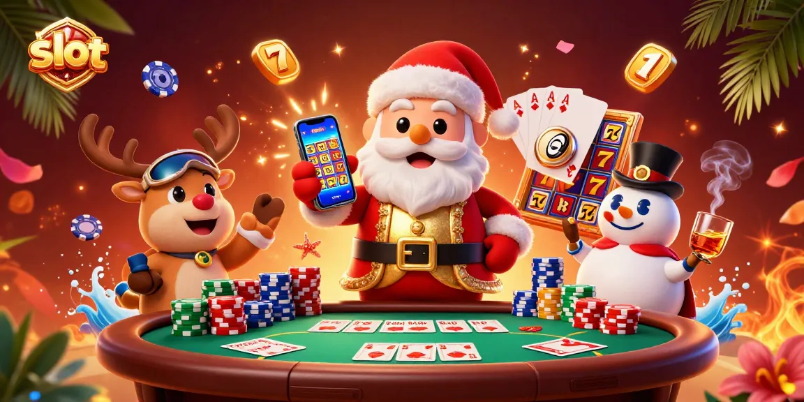 Mainkan slot di WSLOT888 dengan Santa Claus bercampur slot dan poker dalam suasana ceria.